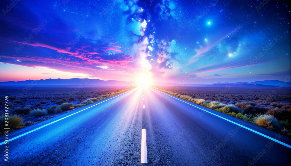 Obraz premium 銀河の星空へ続く幻想的な未来道路