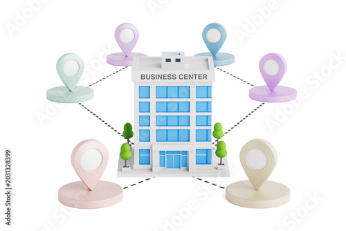 Business Location Network And Corporate Navigation. Business Center Building Connected To Colorful Map Pins With Dashed Routes. 3D Rendering