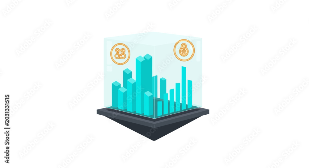 Fototapeta premium Digital cryptocurrency cityscape with virtual coins illustration.
