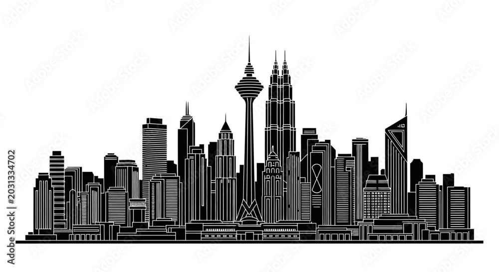 Fototapeta premium Kuala Lumpur skyline silhouette, detailed vector city illustration