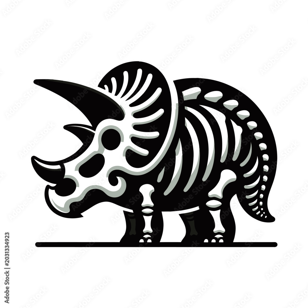 Fototapeta premium A stylized black and white illustration of a Triceratops dinosaur skeleton, showcasing its bony structure and iconic frill and horns.