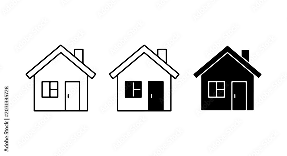 Fototapeta premium Simple House Icons, Minimalist Home Symbols, Residential Building Graphics, Black and White Vector Art for Real Estate and Architecture