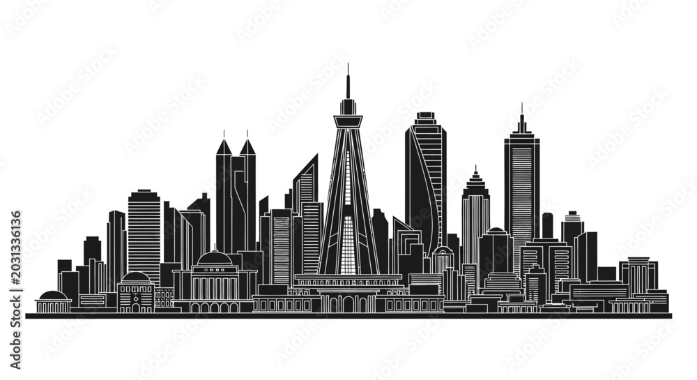 Fototapeta premium Modern city skyline silhouette, urban architecture with iconic towers