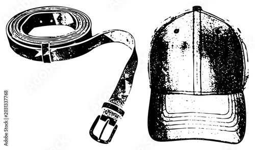 Rugged duo featuring a worn baseball cap and a sturdy waist belt, or waist cinch, presented in a heavy stenciled texture. This headwear and leather strap combo captures a raw, street style.