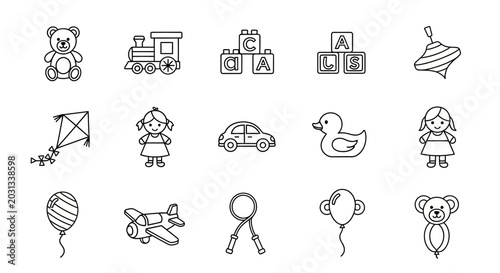 Collection of simple line art children's toys, isolated on white background