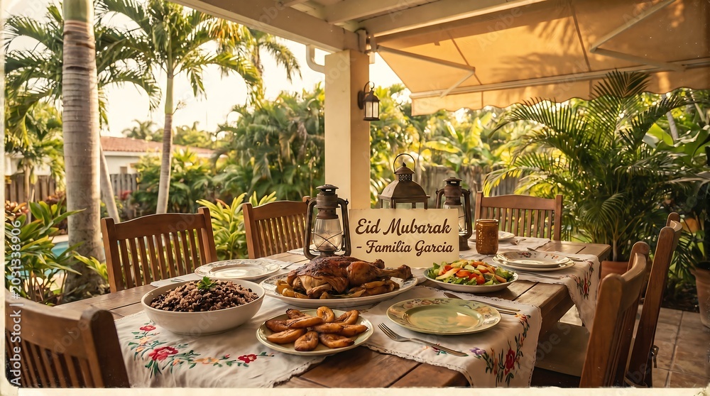 Obraz premium Outdoor dining table with food and tropical plants.