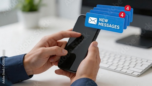 Close up of hands holding smartphone with new message notifications, email inbox, digital communication, mobile messaging app, social media alerts, instant connectivity, busy