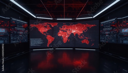 3D rendering of a futuristic dark room with a large curved screen displaying a red world map highlighting global data rendering futuristic information technology connection communication