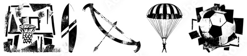 This collection features a textured basketball hoop, a surfboard, a bow and arrow, a paraglider, and a soccer ball. These gritty sports use a rough stencil aesthetic for a bold look.