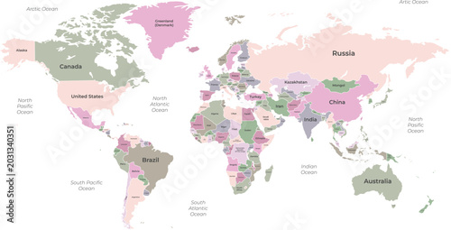 Political World Map Vector Illustration with Countries Names and Borders