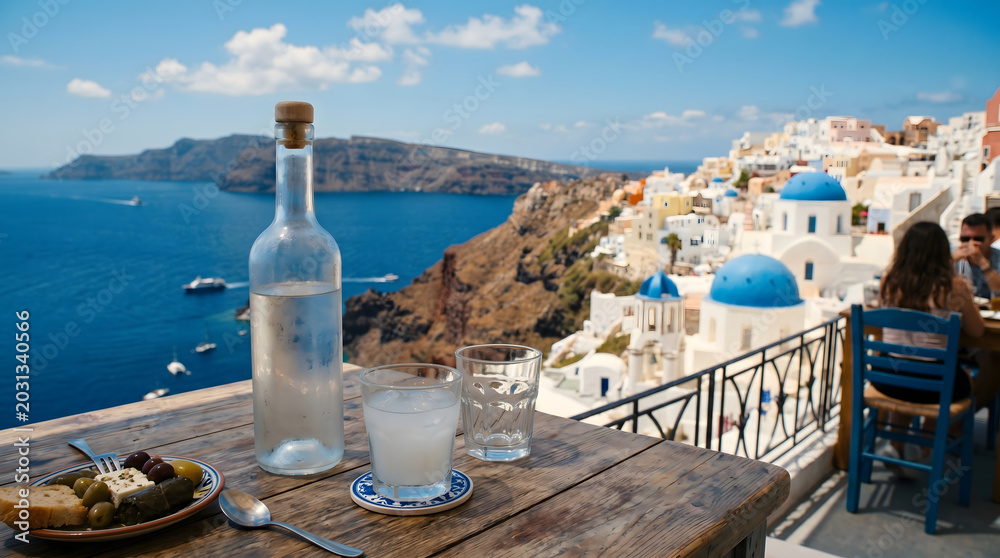 Fototapeta premium Santorini Greece Oia village blue domes and sea view
