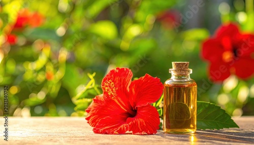 Hibiscus Flower with Essential Oil in Clear Bottle on Natural Background