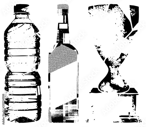 This high contrast collection features a ribbed water jug, a tall spirits flask, and a passing sand timer. Each element uses a heavy halftone texture for a distressed, stencil like aesthetic.