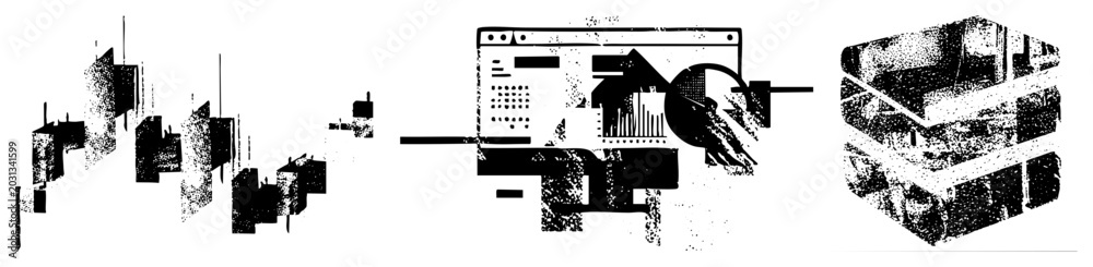 Obraz premium Raw halftone collage featuring distorted blocks and window like structures. This gritty data glitch and digital fragment aesthetic uses high contrast textures to create a sense of chaos.