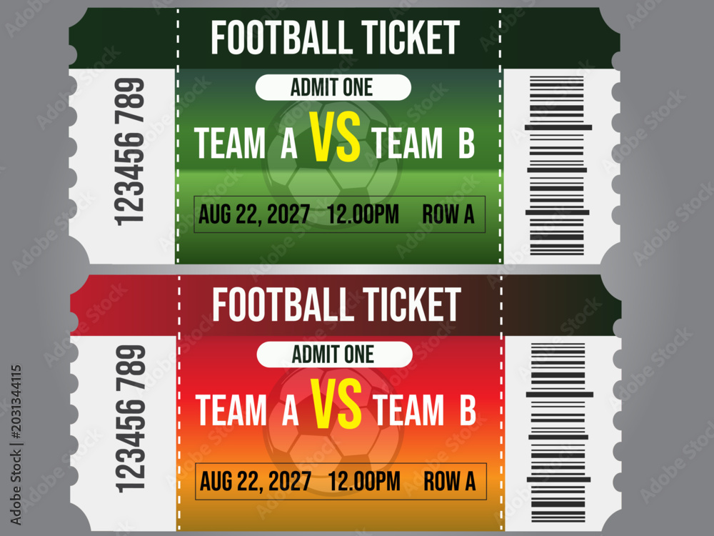 Obraz premium Football tickets, sports event tickets, admission passes, printable editable illustration sport ticket vector template design 