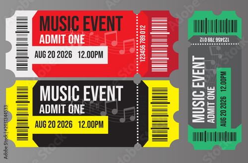 Foto Music event tickets, colorful admit one stubs vector illustration music vector t