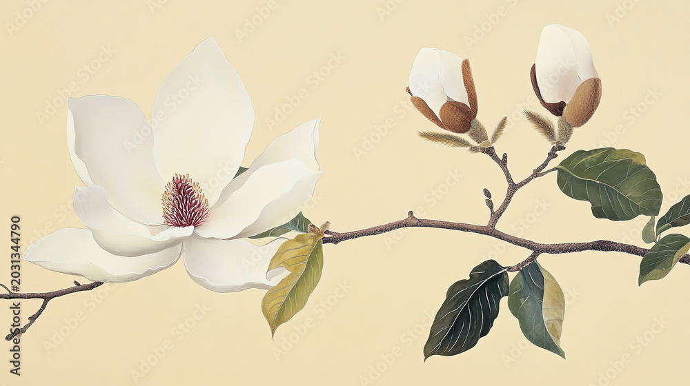 Obraz premium Simple elegant botanical illustration traditional east Asian style white magnolia flower two buds on branch against pale yellow background open flower left dark red center branch from right small ligh