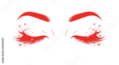 Cuadro en lienzo Vibrant Red Eyeshadow and Eyelashes with Glittering Stars