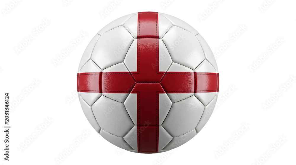 Fototapeta premium Hyper Realistic Soccer Ball Icon with England Flag Inspired Red Cross Accents Isolated on Transparent Background