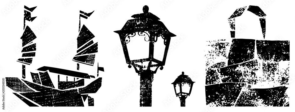 Fototapeta premium Distressed black silhouettes of a majestic tall ship, old fashioned street lanterns, and a weathered stone wall. These gritty maritime junk and gaslight fixtures feature a heavy texture.
