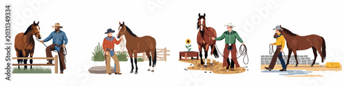 Fotografie Collection of vector illustrations featuring cowboys and horses in various ranch scenes, showcasing western lifestyle and equestrian activities