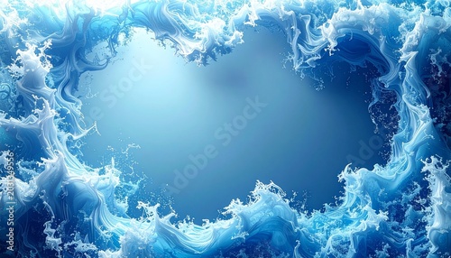 Frozen Cascade Frame: An artistic depiction of icy blue water in a swirling, crystalline formation, creating a dramatic frame with a soft, luminous glow emanating from within.