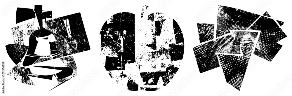Obraz premium This gritty composition features a bell shaped form alongside fragmented geometric blocks. These distressed textures and halftone create a raw, industrial aesthetic for modern design.