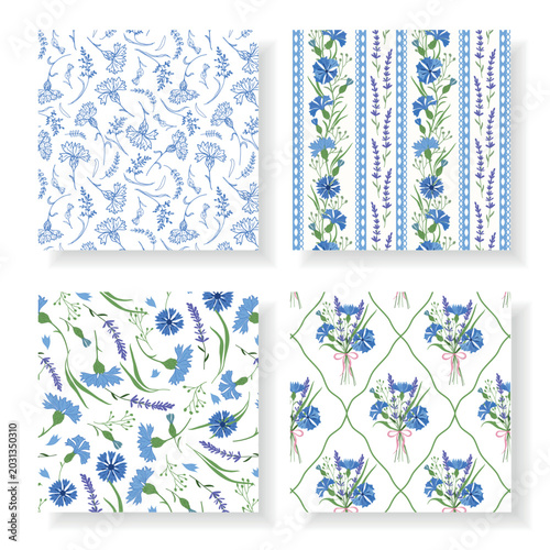 Collection of seamless vector patterns with blue cornflowers, lavender and wild meadow flowers. Botanical floral set for fabric, wallpaper, wrapping paper, textile and surface design.