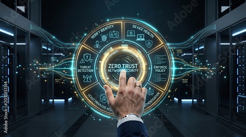 Hand interacting with a digital interface focused on zero trust network security.