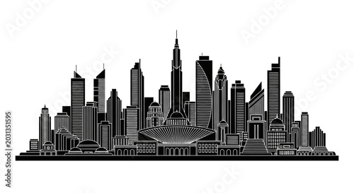 Modern city skyline silhouette, detailed urban architecture design
