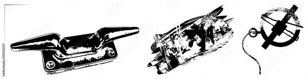 Obraz premium Collection of raw elements featuring a heavy metal, messy ink strokes, and a mechanical circular tool. This gritty set includes a deck plate and rough brushwork for edgy designs.