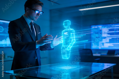 Futuristic tech engineer presenting a blue holographic 3D robot or artificial intelligence cyborg projection over a digital touch screen table.