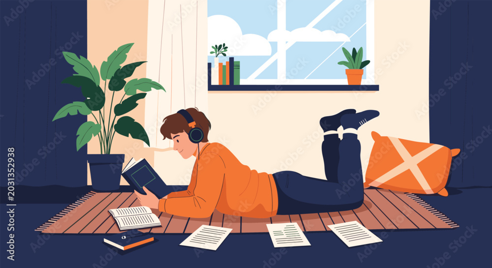 Fototapeta premium Young male student lying on a rug and studying with books, papers, and headphones in a cozy room with plants and a window.