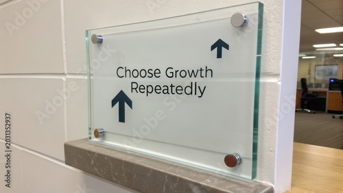 Glass Sign with 'Choose Growth Repeatedly' Message and Arrows