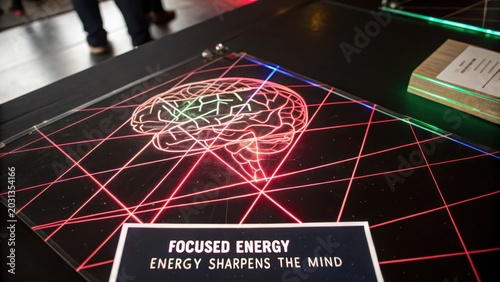 Neon Brain Illustration on Dark Surface With 'Focused Energy' Sign