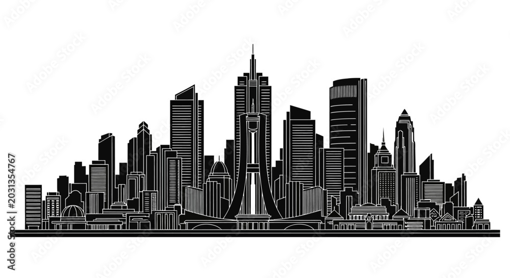 Fototapeta premium Black and white city skyline silhouette illustration