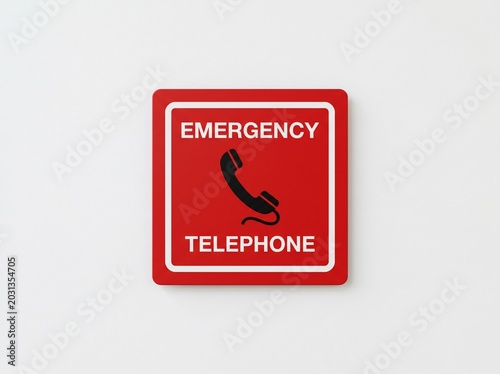 Emergency telephone sign with phone handset symbol on white background, suitable for public facilities, buildings, and emergency safety signage.