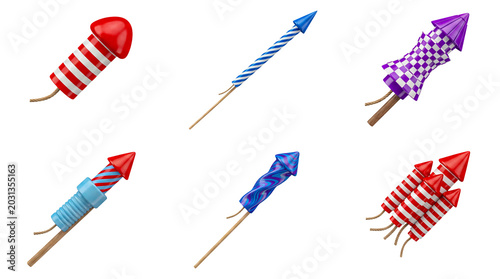 Quadro em tela Colorful assortment of six unique rocket fireworks, vibrant and ready to ignite celebrations