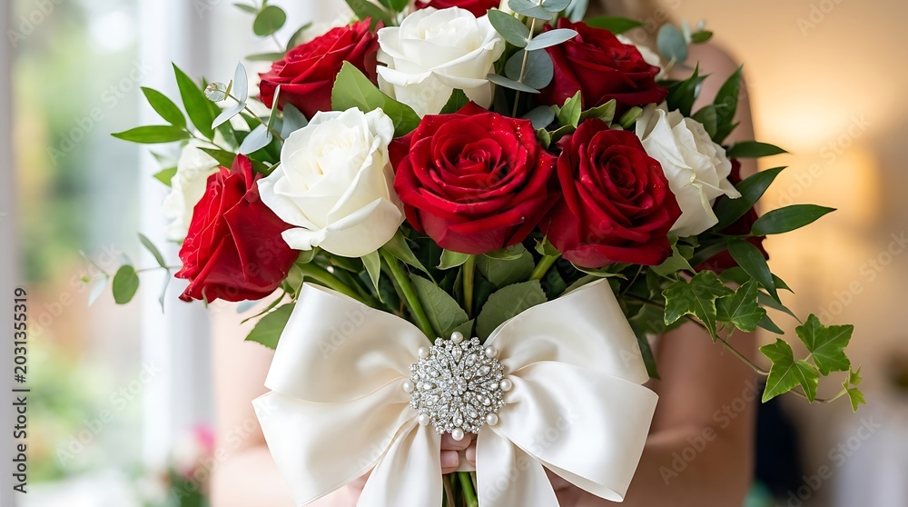 Obraz premium Red and white rose bridal bouquet with white satin bow and brooch