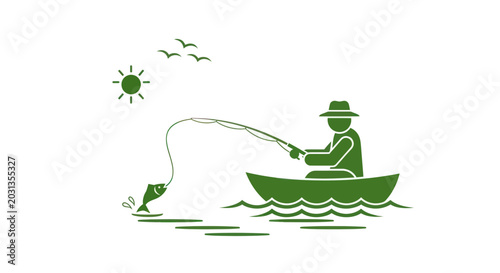Tableau sur toile Fisherman in Boat Catches Fish, Sunny Day, Birds Flying, Outdoor Hobby