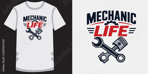 Mechanic life typography t-shirt design with piston and wrench for workshop and garage.