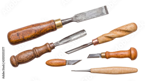 Fényképezés Assortment of vintage wood carving tools and chisels with wooden handles, isolated on transparent