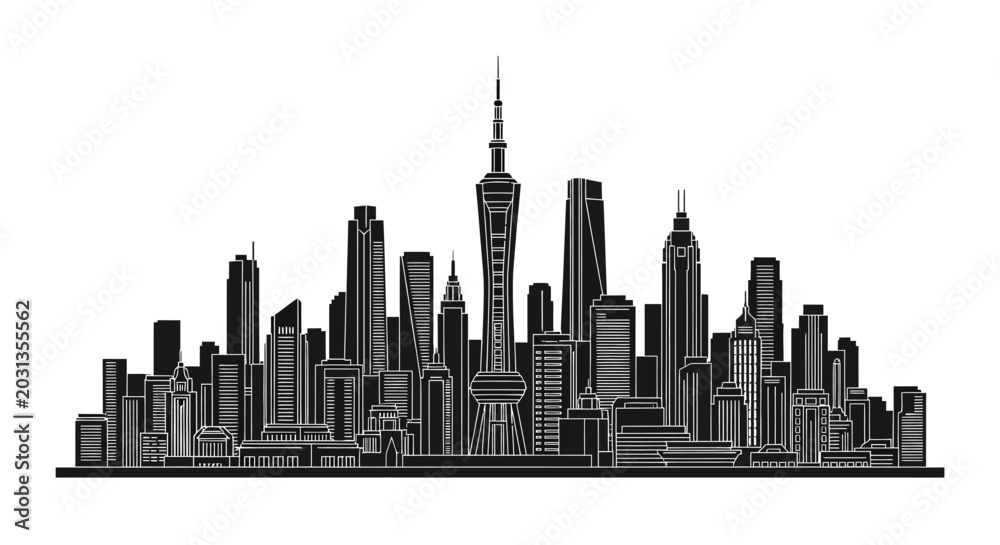 Fototapeta premium Shanghai Skyline Silhouette Illustration, Minimalist Cityscape
