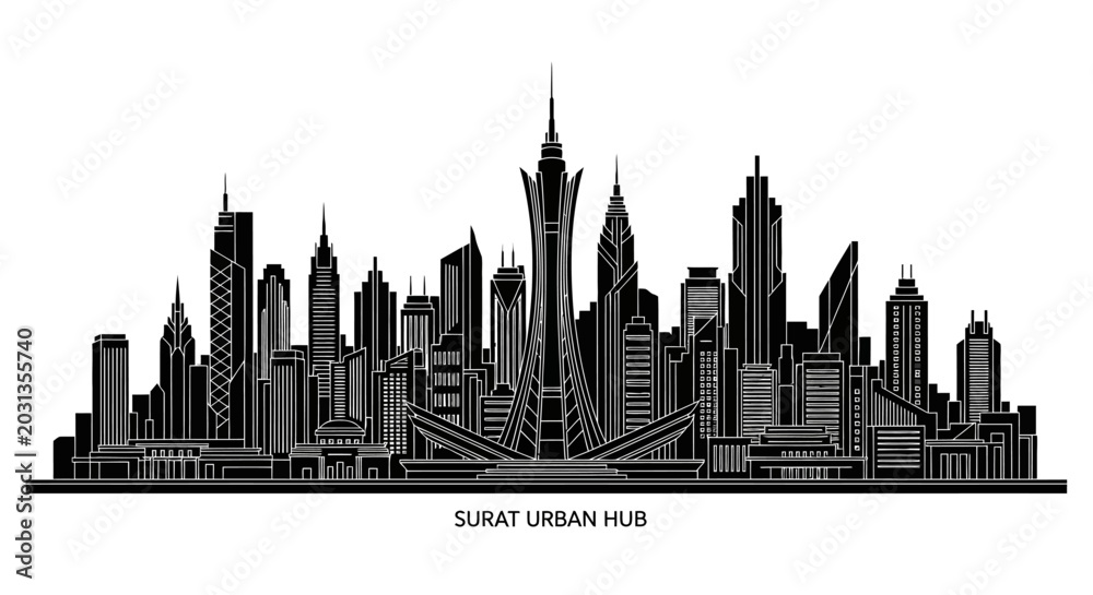 Obraz premium Surat Urban Hub City Skyline Silhouette Illustration