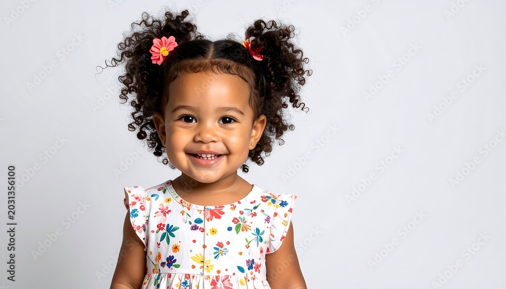 Fototapeta premium Smiling young girl with curly hair and colorful shirt, on white background