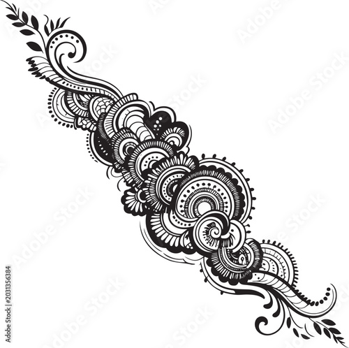 Abstract floral swirl design with ornate circles and botanical elements.