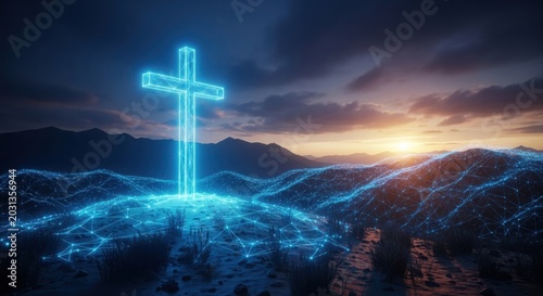 Glowing digital cross symbol on a landscape at sunset illustration