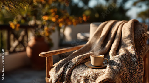 Cozy armchair with blanket and hot coffee cup in warm sunlight