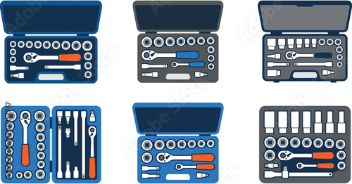 Canvastavla Six different flat vector illustrations of open socket wrench sets complete with