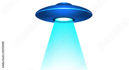 Foto Blue Flying Saucer UFO with Beam Light on White Background
